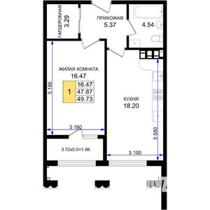 1-к квартира, строящийся дом, 50м2, 3/8 этаж