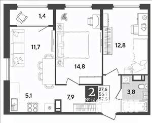2-к квартира, вторичка, 58м2, 11/12 этаж