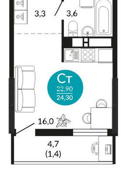 Студия квартира, сданный дом, 24м2, 17/23 этаж