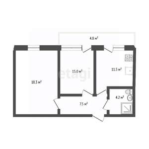 2-к квартира, вторичка, 57м2, 1/3 этаж
