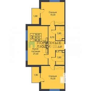 2-к квартира, вторичка, 90м2, 19/20 этаж