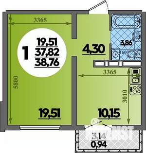 1-к квартира, строящийся дом, 39м2, 8/16 этаж