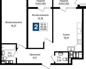 2-к квартира, вторичка, 70м2, 15/18 этаж