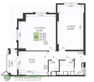 2-к квартира, вторичка, 71м2, 6/16 этаж