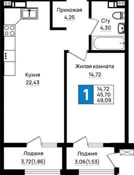 1-к квартира, вторичка, 49м2, 8/18 этаж