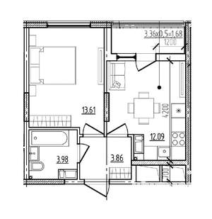 1-к квартира, вторичка, 35м2, 6/9 этаж