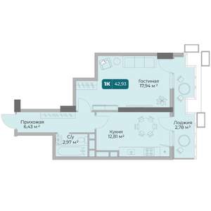 1-к квартира, вторичка, 43м2, 15/17 этаж