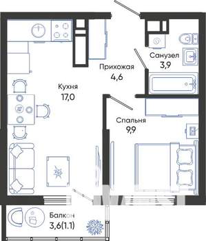 1-к квартира, вторичка, 37м2, 17/24 этаж