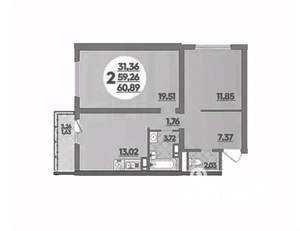 2-к квартира, вторичка, 61м2, 8/16 этаж