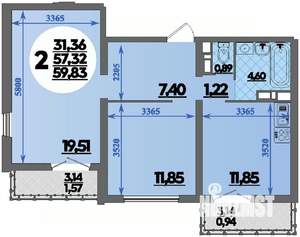 2-к квартира, строящийся дом, 60м2, 3/16 этаж