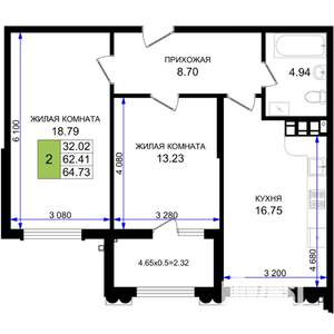 2-к квартира, вторичка, 65м2, 4/8 этаж