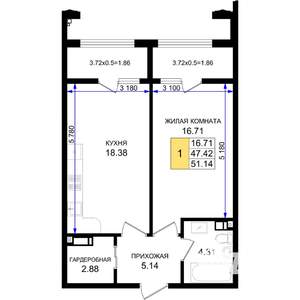 1-к квартира, вторичка, 51м2, 8/8 этаж