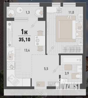 1-к квартира, вторичка, 35м2, 4/15 этаж