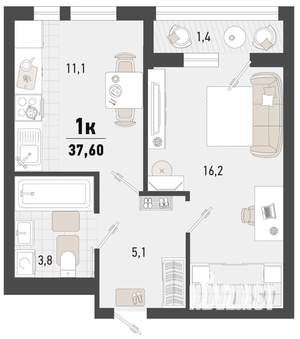 1-к квартира, вторичка, 38м2, 12/15 этаж