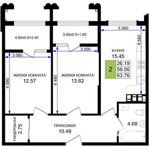 2-к квартира, строящийся дом, 64м2, 2/8 этаж