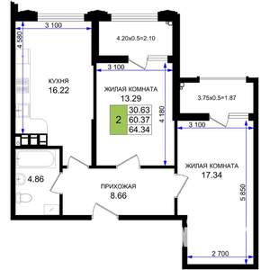 2-к квартира, строящийся дом, 64м2, 2/8 этаж