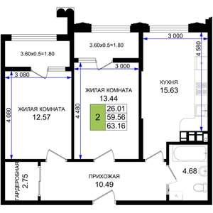2-к квартира, строящийся дом, 63м2, 2/8 этаж