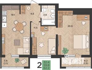 2-к квартира, вторичка, 62м2, 24/24 этаж
