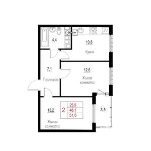 2-к квартира, вторичка, 52м2, 19/21 этаж
