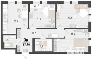 3-к квартира, строящийся дом, 68м2, 12/15 этаж