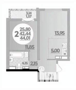 2-к квартира, вторичка, 44м2, 11/16 этаж