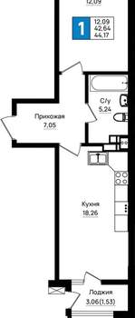 1-к квартира, вторичка, 44м2, 2/18 этаж