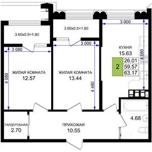 2-к квартира, вторичка, 63м2, 4/8 этаж