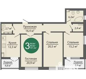 3-к квартира, вторичка, 107м2, 11/16 этаж