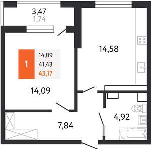 1-к квартира, вторичка, 43м2, 19/24 этаж