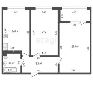 2-к квартира, вторичка, 65м2, 13/20 этаж