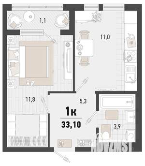 1-к квартира, строящийся дом, 32м2, 3/24 этаж