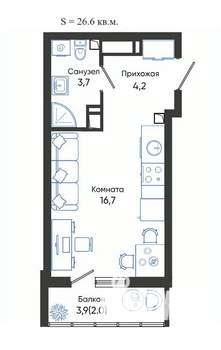 Студия квартира, вторичка, 27м2, 22/24 этаж
