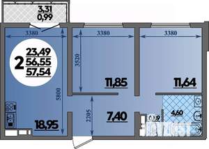 2-к квартира, строящийся дом, 58м2, 10/16 этаж