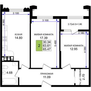 2-к квартира, строящийся дом, 65м2, 3/8 этаж