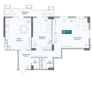 2-к квартира, вторичка, 97м2, 5/17 этаж