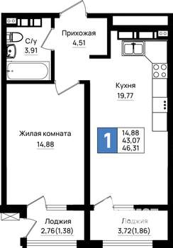 1-к квартира, вторичка, 46м2, 12/18 этаж