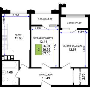 2-к квартира, вторичка, 63м2, 2/8 этаж