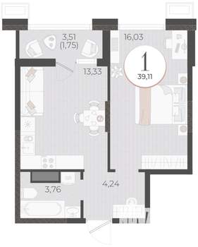 1-к квартира, вторичка, 39м2, 5/9 этаж