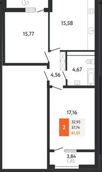 2-к квартира, сданный дом, 61м2, 8/24 этаж