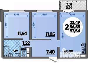 2-к квартира, строящийся дом, 58м2, 2/16 этаж