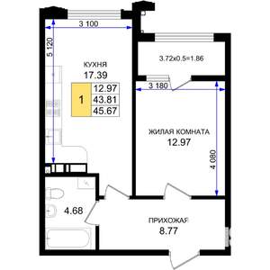 1-к квартира, вторичка, 46м2, 5/8 этаж