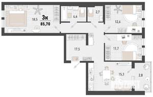 3-к квартира, вторичка, 86м2, 15/15 этаж