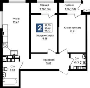 2-к квартира, вторичка, 68м2, 17/18 этаж