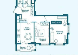 2-к квартира, вторичка, 59м2, 5/16 этаж