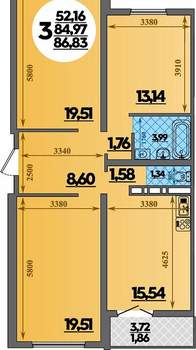 3-к квартира, вторичка, 87м2, 1/16 этаж