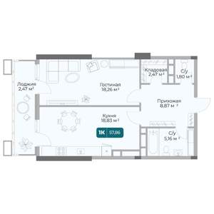 1-к квартира, вторичка, 58м2, 7/17 этаж