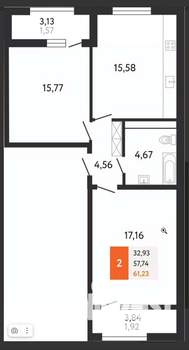 2-к квартира, сданный дом, 61м2, 18/24 этаж