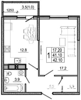 1-к квартира, вторичка, 43м2, 9/21 этаж