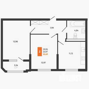 2-к квартира, сданный дом, 55м2, 11/25 этаж