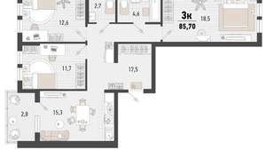 3-к квартира, вторичка, 83м2, 12/15 этаж